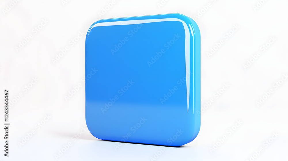 Poster blank mobile application icon, button - blue square with round corners. 3d rendering, white backgrou