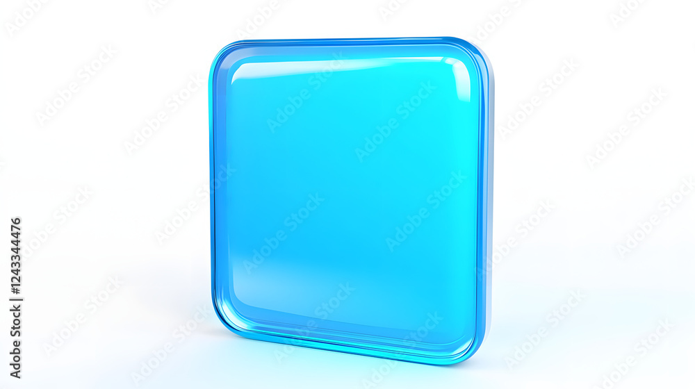 Poster blank mobile application icon, button - blue square with round corners. 3d rendering, white backgrou