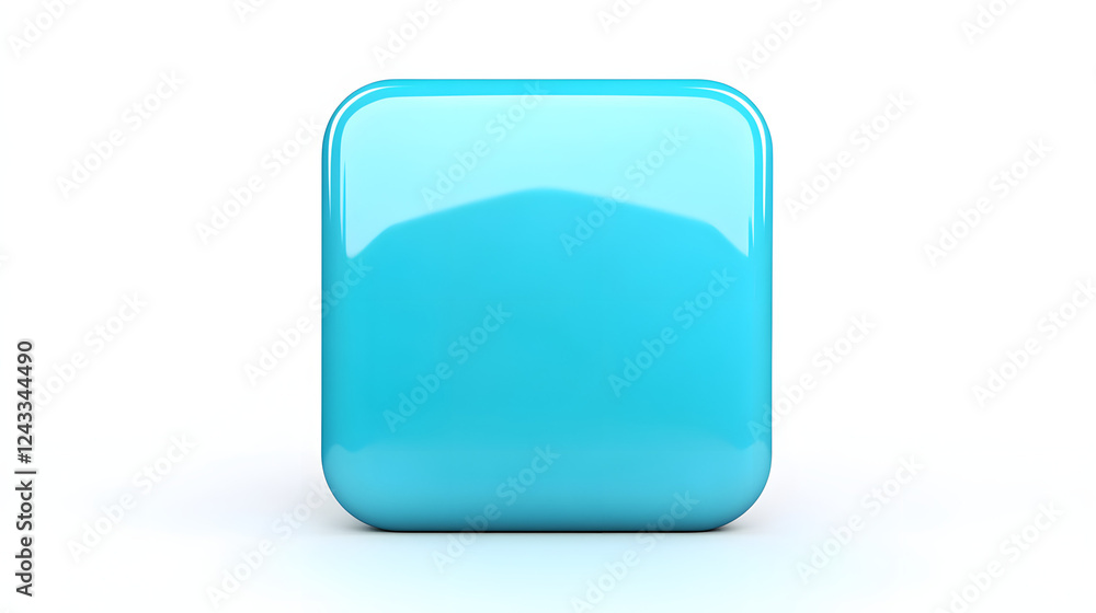 Poster blank mobile application icon, button - blue square with round corners. 3d rendering, white backgrou