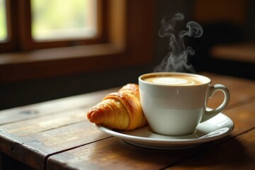 Cup of steaming coffee and warm croissant on a rustic wooden table, croissant, warmth
