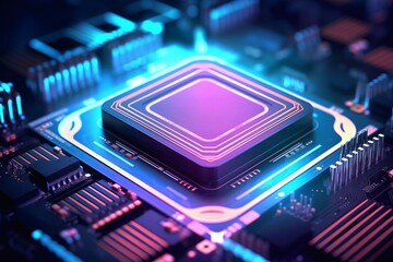 Close-up of a computer processor chip on a motherboard