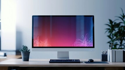 Fototapeta premium Modern Desk Setup with Purple and Pink Gradient Monitor