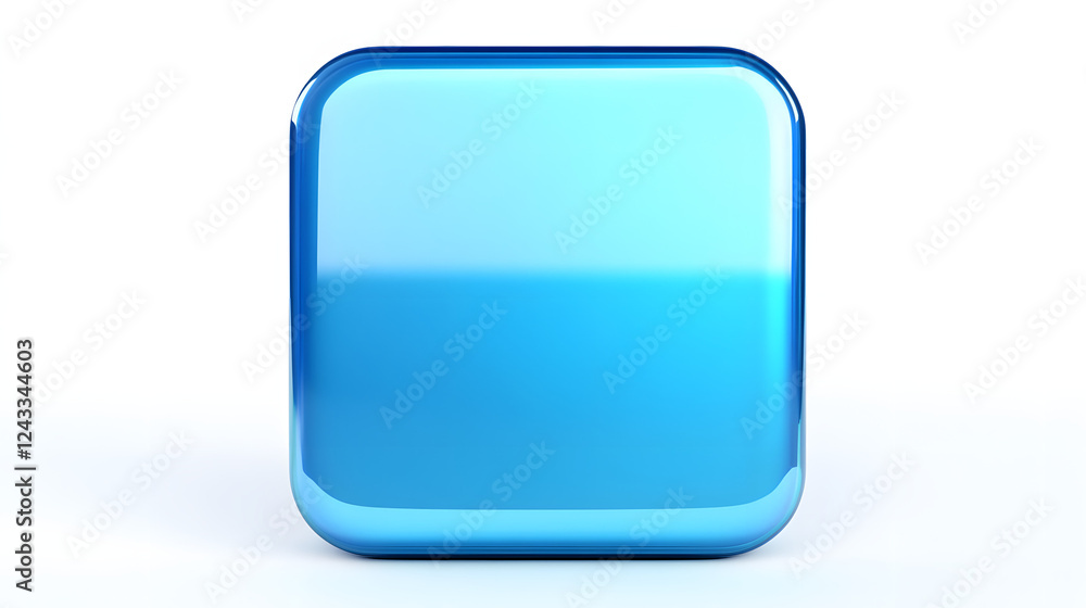 Poster blank mobile application icon, button - blue square with round corners. 3d rendering, white backgrou