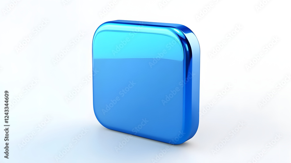 Poster blank mobile application icon, button - blue square with round corners. 3d rendering, white backgrou