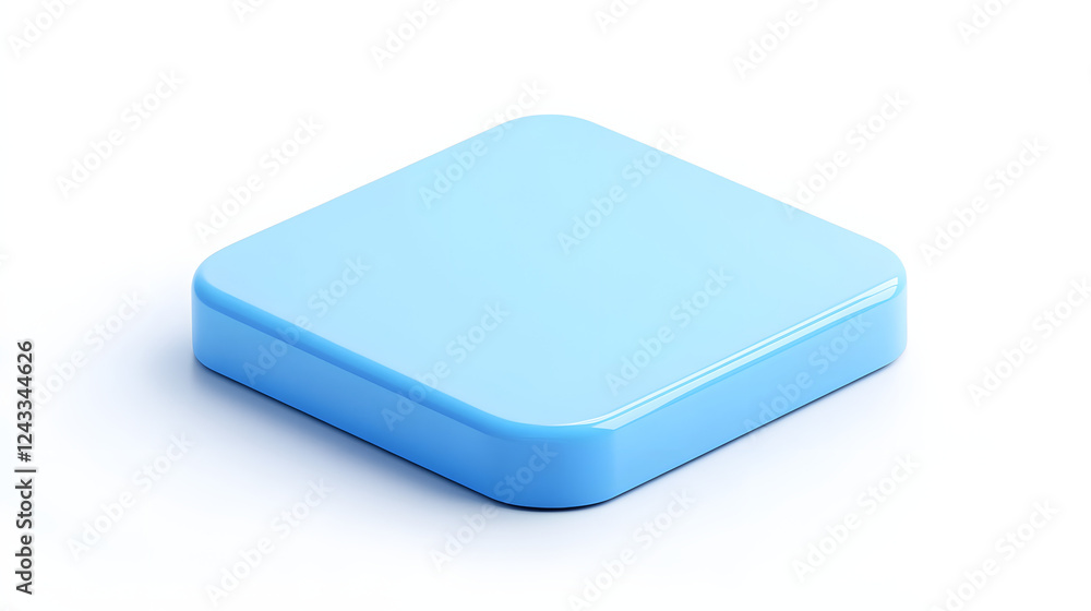 Poster blank mobile application icon, button - blue square with round corners. 3d rendering, white backgrou