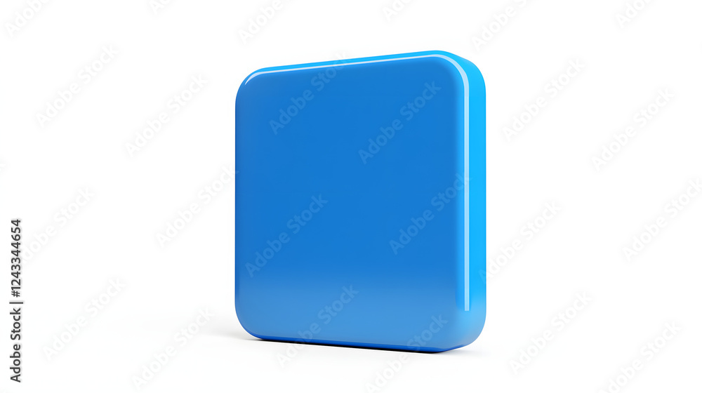 Poster blank mobile application icon, button - blue square with round corners. 3d rendering, white backgrou