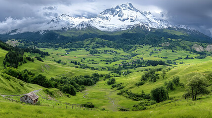 Obraz premium Mountain valley landscape, chalet, scenic view, cloudy sky, travel postcard