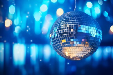 A disco ball is suspended from the ceiling at nightclub, reflecting the lights