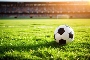 A soccer ball on a green field in soccer football stadium during game