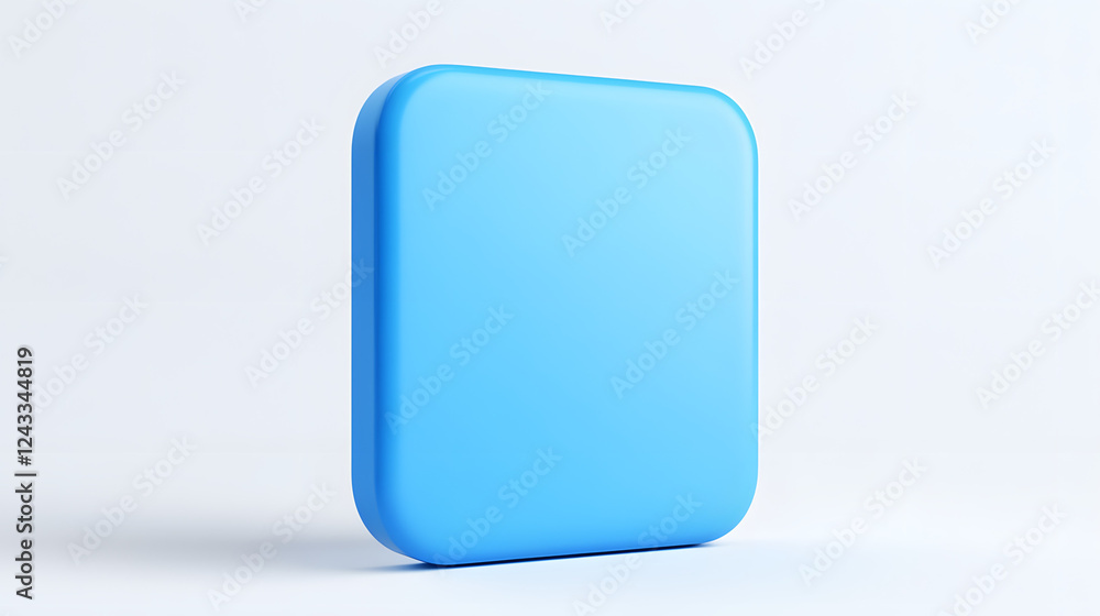 Poster blank mobile application icon, button - blue square with round corners. 3d rendering, white backgrou