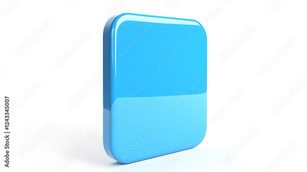 Poster blank mobile application icon, button - blue square with round corners. 3d rendering, white backgrou