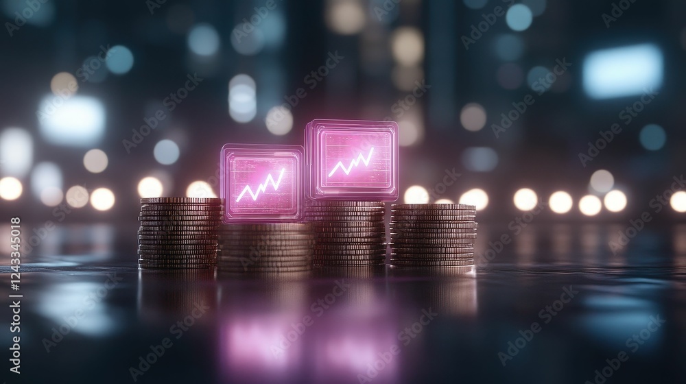 Poster a visually striking image of coins stacked with glowing graph indicators, symbolizing financial grow