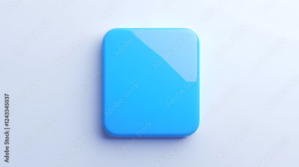 Poster blank mobile application icon, button - blue square with round corners. 3d rendering, white backgrou