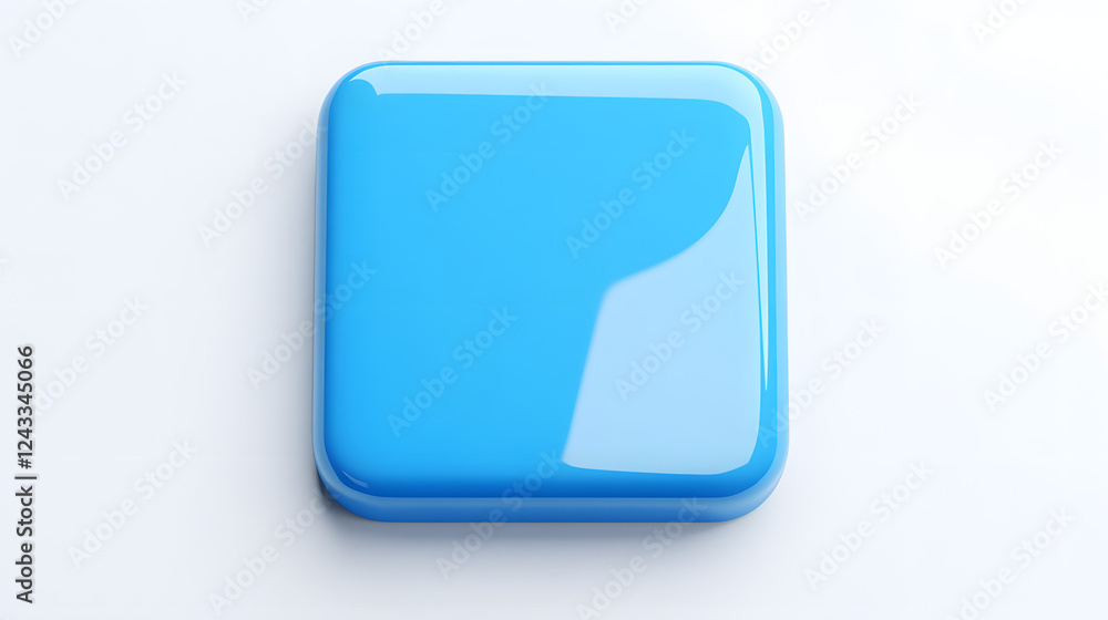 Poster blank mobile application icon, button - blue square with round corners. 3d rendering, white backgrou