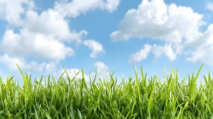 Obraz premium Lush green grass under a bright blue sky with fluffy clouds; ideal for spring/summer themes