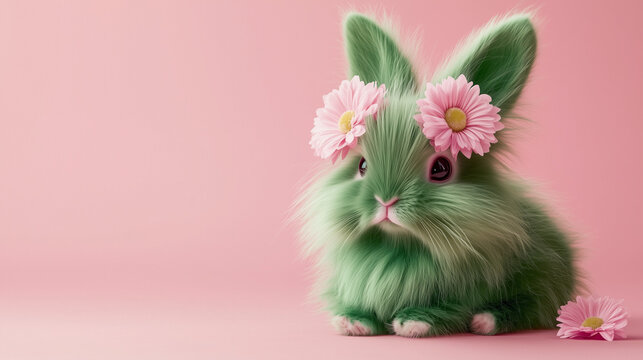 A cute green bunny, adorned with pink flowers, sits against a soft pink flat background, with ample blank space, making it perfect for Women's Day, Mother's Day, or a gift card.