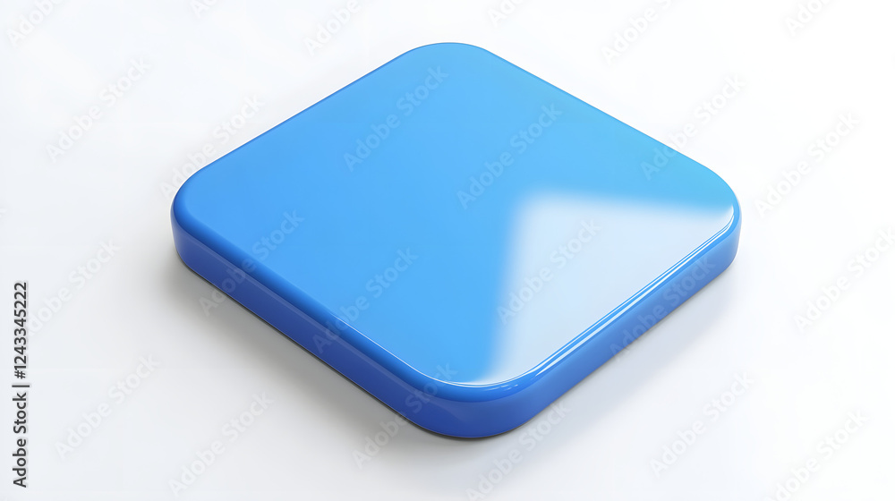Poster blank mobile application icon, button - blue square with round corners. 3d rendering, white backgrou