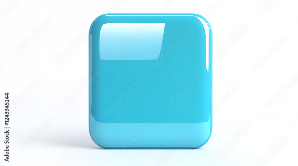 Poster blank mobile application icon, button - blue square with round corners. 3d rendering, white backgrou