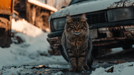 Majestic tabby cat sitting on a snowy ground near a rusty car in winter, with a blurred urban background