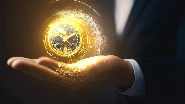 Stopwatch Held in Hand with Glowing Effects Symbolizing Time Management and Efficiency Replaced Words Related to Brand Or Person with Generic Terms and Added Separators and Conjunctions Between