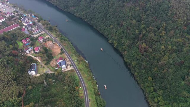 Aerial photography of the natural scenery of Qinglong Bay Scenic Area in Ningguo City,
