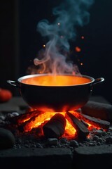 Flaming coals surround a metal cooking vessel, coal, burn, kitchen