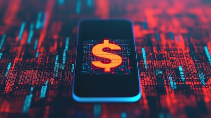 A smartphone displays a glowing dollar sign against a vibrant, digital backdrop, symbolizing finance and technology integration.
