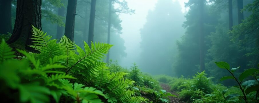 Fog-shrouded ferns sway gently in windless forest air, vegetation, foggy forest, natural