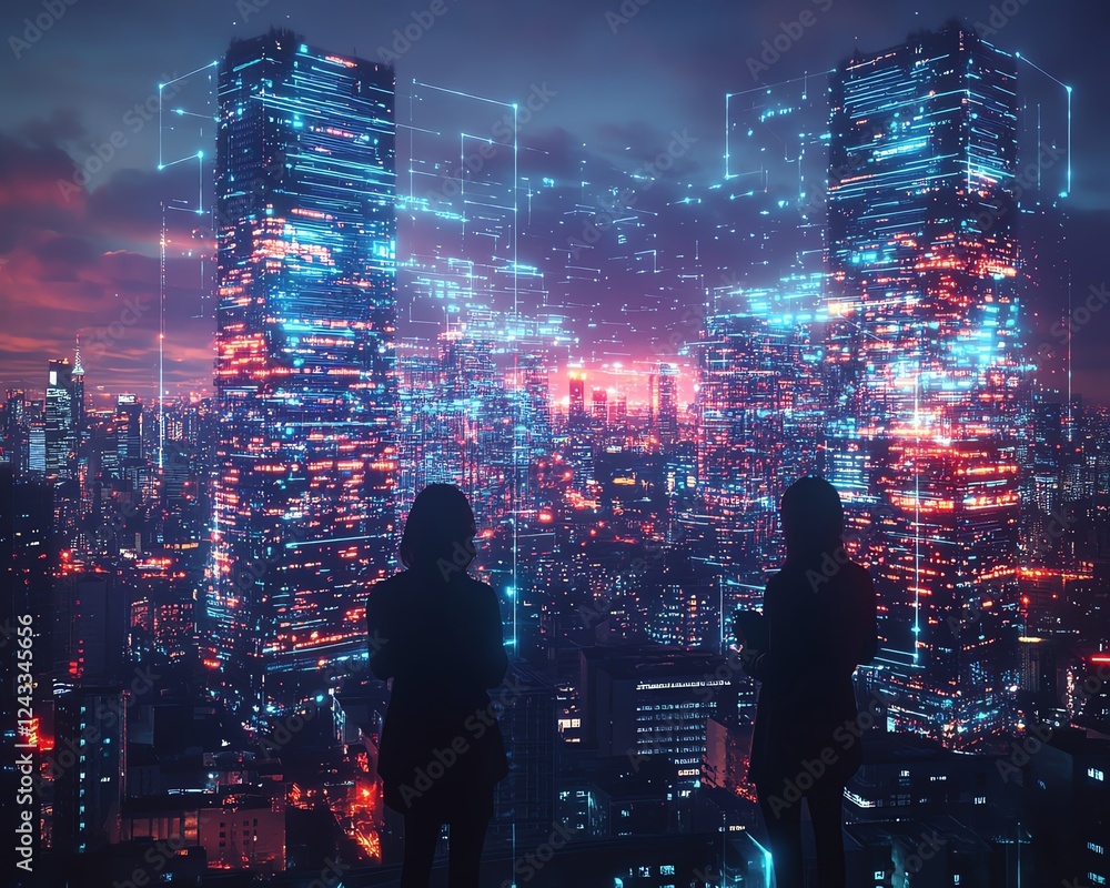 Aufkleber A team of system engineers working in a smart city, advanced AI interfaces and digital systems projected in the air, futuristic urban environment, hyperdetailed, 16K