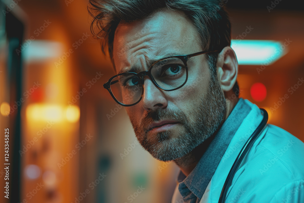 Poster man with glasses and a beard looking directly at the camera in a well-lit indoor setting