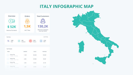 Obraz premium Business Growth Infographic Map of Italy. Orders, Customers, Sales Overview & product Infographic Map of Italy. Easy to edit