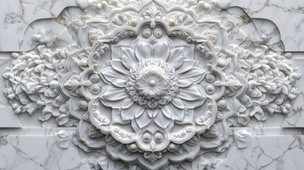 White floral stone carving, marble background, ornate design, wall decor