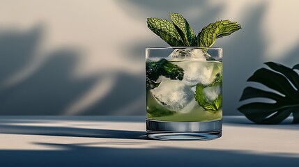 Iced mint drink, studio shot, sunlight, leaf