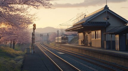 Fototapeta premium The serene Jiji Railway Station, surrounded by blooming cherry blossoms, offering a picturesque spot for train enthusiasts.