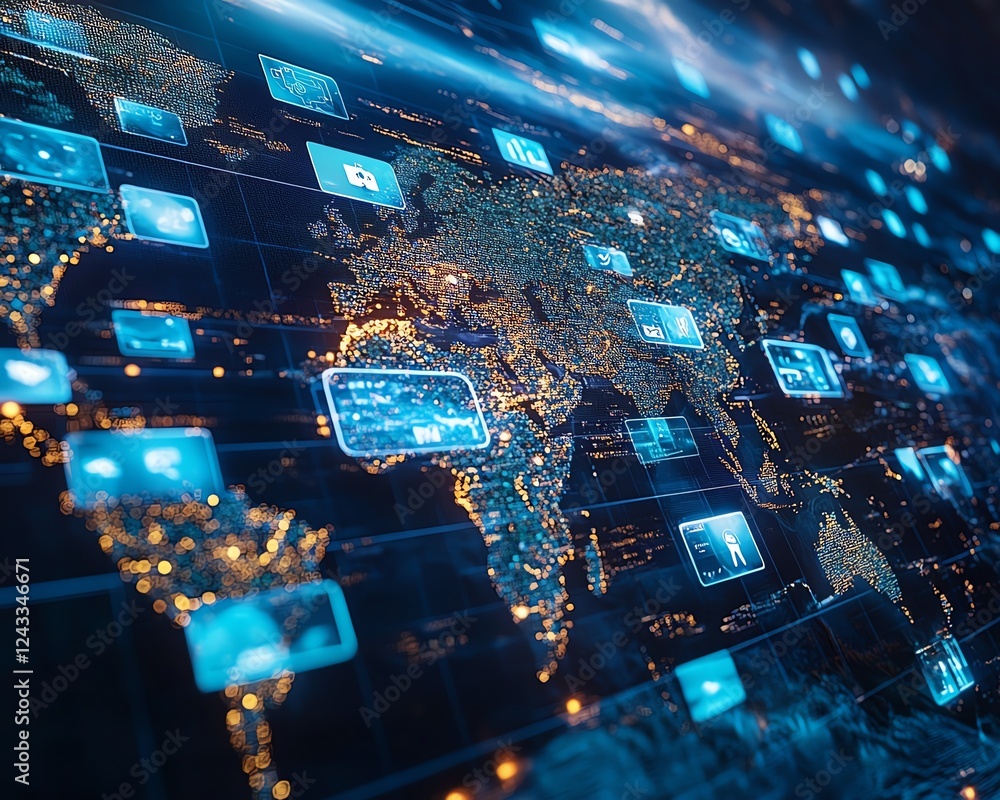 Aufkleber Diverse multinational team collaborating globally through social media, powered by a hightech communication network, futuristic global interaction, ultradetailed, 8K