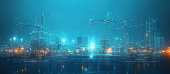 Fototapeta premium Night city construction cranes, digital model