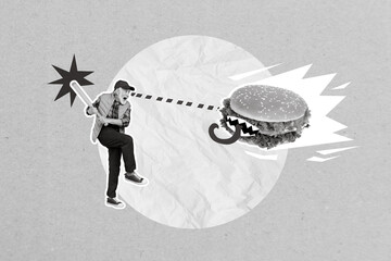 Creative collage picture of crazy grandfather hold baseball bat shoot hit monster burger isolated...