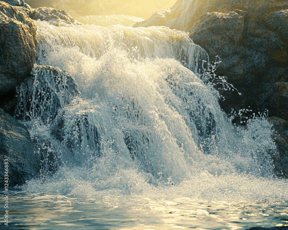 Poster Waterfall cascading over rocks with splashes of water, illuminated by warm sunlight, creating a peaceful and natural setting, showcasing the beauty of water and nature.