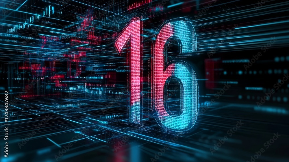 Aufkleber glowing digital number 16 in futuristic cyberspace, lines of data flow through digital space