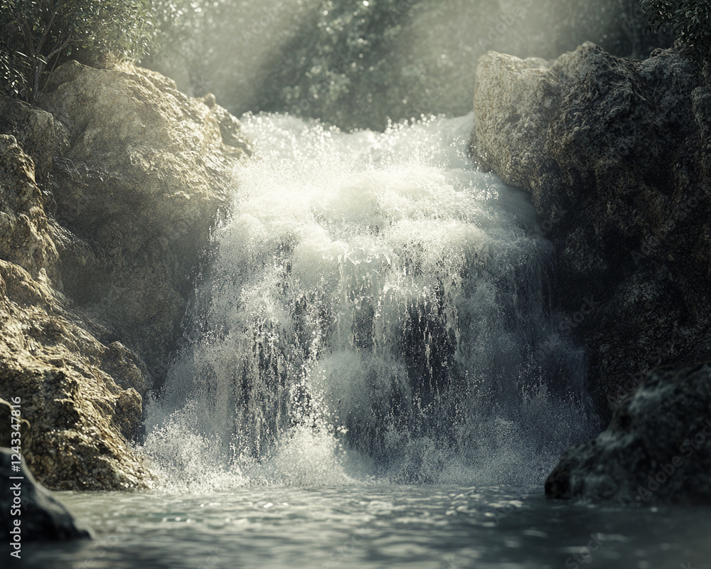 Poster a beautiful waterfall cascading over rocks into a serene pool below, surrounded by lush greenery and