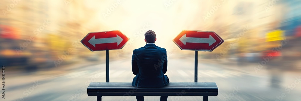 Poster businessman is sitting on a bench and looking at two opposite arrows, having to choose the right way