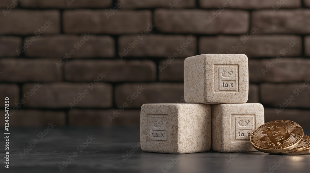 Poster three textured blocks stacked on a dark surface, accompanied by a golden coin, set against a rustic 