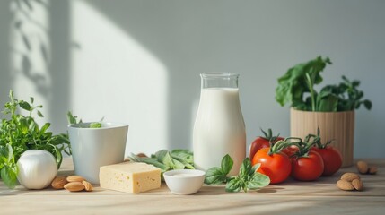Minimalist arrangement, plant-based food, almond milk, fresh vegetables, plant-based cheese, wooden surface, clean background, eco-friendly vibe, farm products, sustainable, healthy lifestyle
