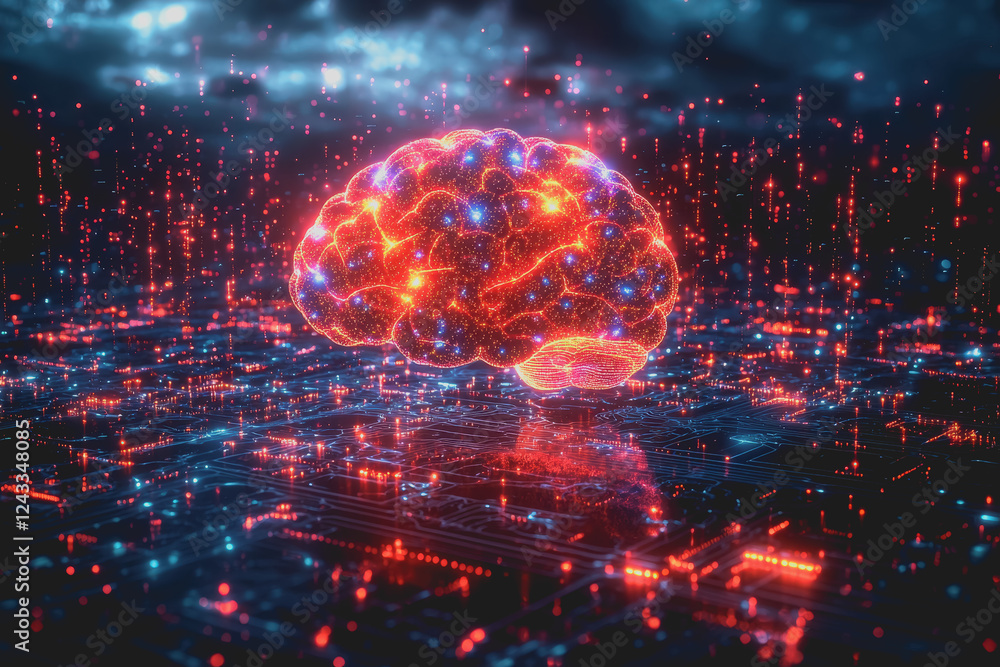 Poster brain surrounded by a complex circuit board with glowing lights illustrating technology and artifici