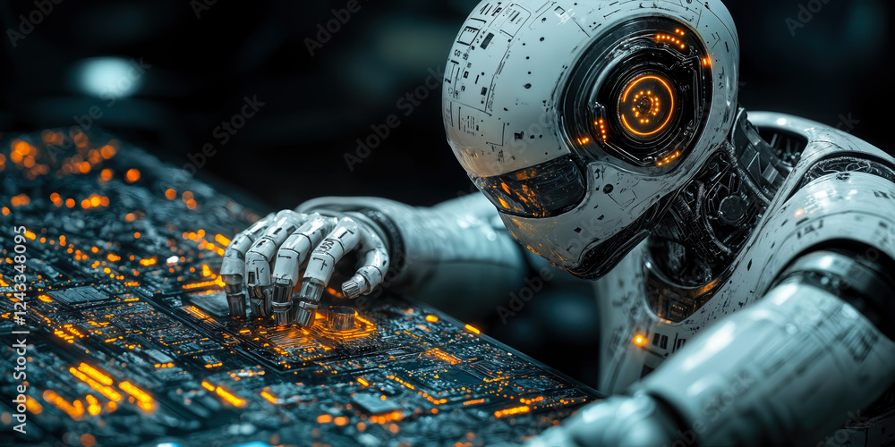 Poster futuristic ai robot interacting with advanced circuit board in consumer electronics innovation conce