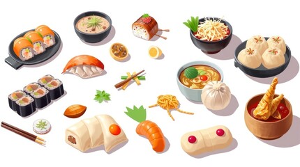 Illustration of Asian delicacies sushi, dim sum, ramen, dumplings, tempura on a white background, high contrast low key lighting, smooth gradient transitions, deep shadows
