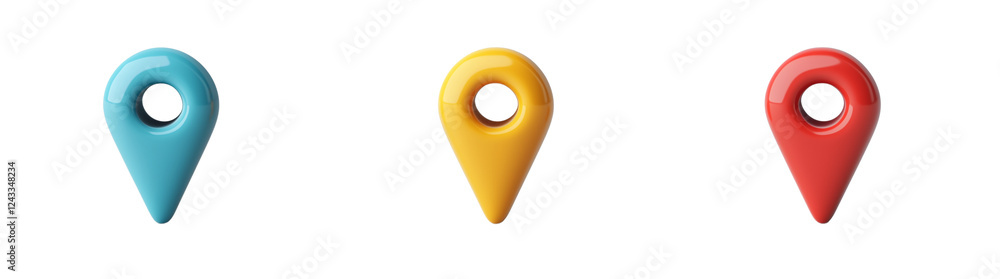 Poster colorful 3d location pins navigation map gps app icons, transparent background, ai generative images