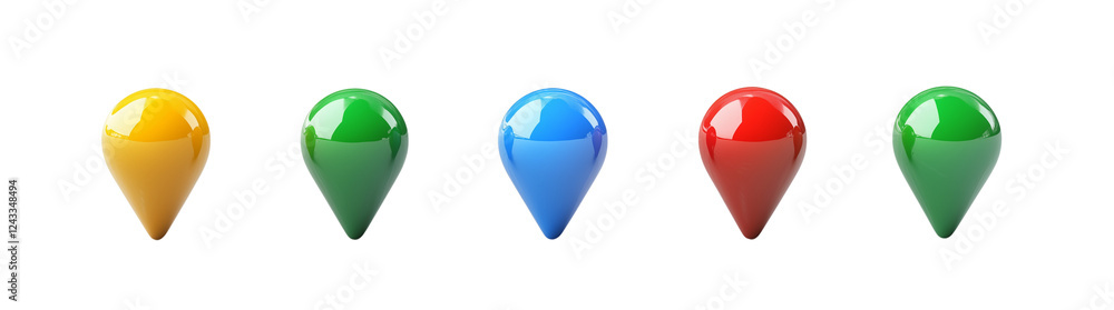 Poster colorful glossy map markers location icons navigation gps app design, transparent background, ai gen