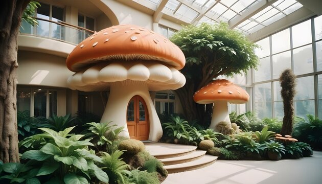 Fant&aacute;stico y lujoso edificio de oficinas en forma de seta con un exterior de piel suave y una impresi&oacute;n acogedora que realza la atm&oacute;sfera m&aacute;gica y serena