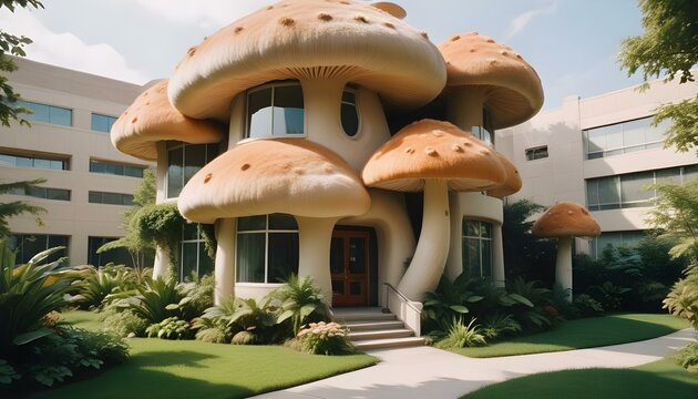 Fant&aacute;stico y lujoso edificio de oficinas en forma de seta con un exterior de piel suave y una impresi&oacute;n acogedora que realza la atm&oacute;sfera m&aacute;gica y serena